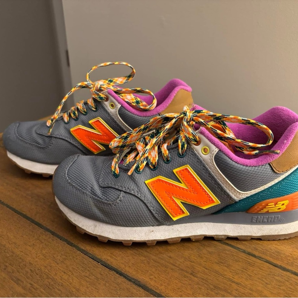 New Balance 574 Gray and Orange Sneakers